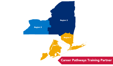 New York state map split into 3 regions. Career Pathways Training Partner.