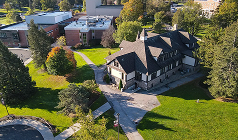 An aerial view of Cox Hall and Smith Hall on campus